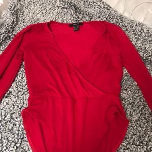 Red long sleeve faux wrap bodysuit